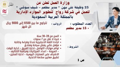 وزير العمل يُعلن عن وظائف جديدة في السعودية على مهنتي "مدير مطعم" و"شيف سوشي" والتقديم غدًا ولمدة 7 أيام