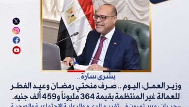وزير العمل: اليوم ..صرف منحتي رمضان وعيد الفطر للعمالة غير المنتظمة بقيمة 364 مليوناً و459 ألف جنيه...